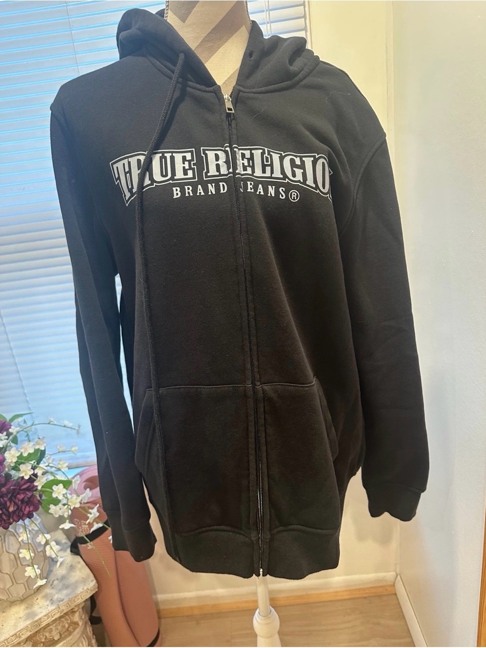 True Religion Black Zip-Up Hoodie with White Logo